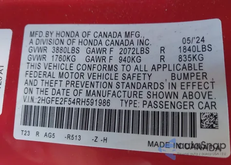 2024 Honda Civic Sport z USA, uszkodzony, nr VIN 2HGFE2F54RH591986